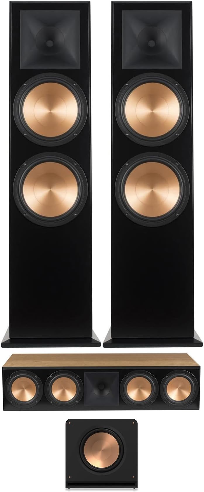 Klipsch RF-7 III Cherry Wood Furniture Made Floorstanding Speaker Pair with a Klipsch RC-64 III Cherry Wood Furniture Made Center Channel Speaker and a Klipsch RP-1600SW Subwoofer (2017)