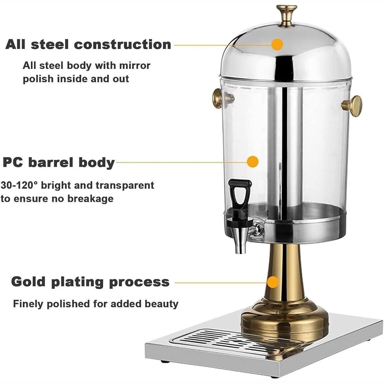 Dispensador de Jugo Comercial, Dispensador de Bebidas Frías y Calientes de Acero Inoxidable con Tubo de Hielo y 2/3 Cabezales, Ideal for Fiestas, Catering, Restaurantes(Gold,16L)
