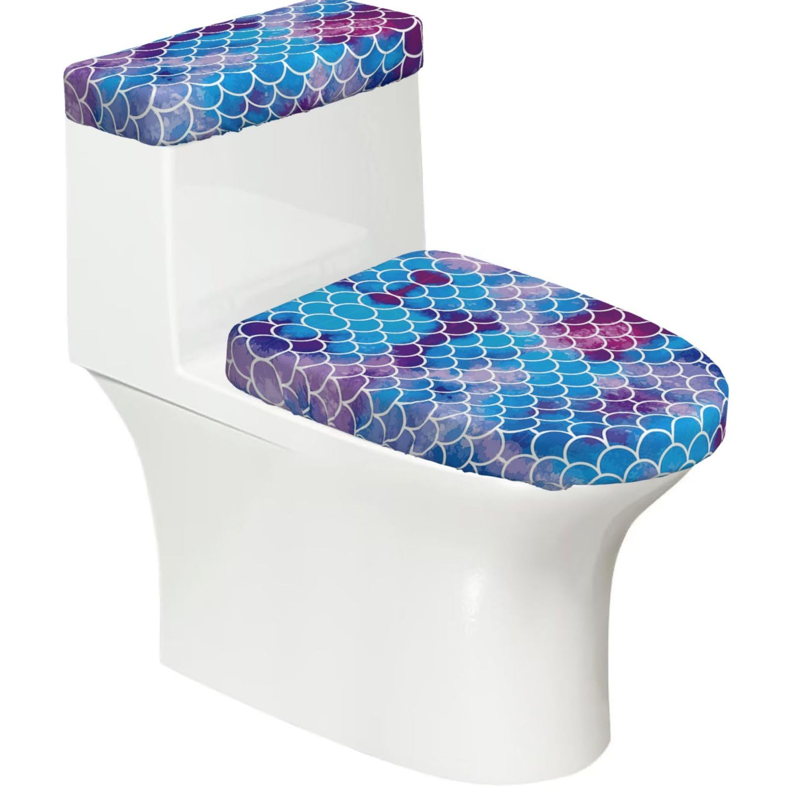 Mermaid Fish Scale Printed Toilet Tank and Lid Cover Set of 2 for Most Bathrooms, Fits Elongated Round Toilets