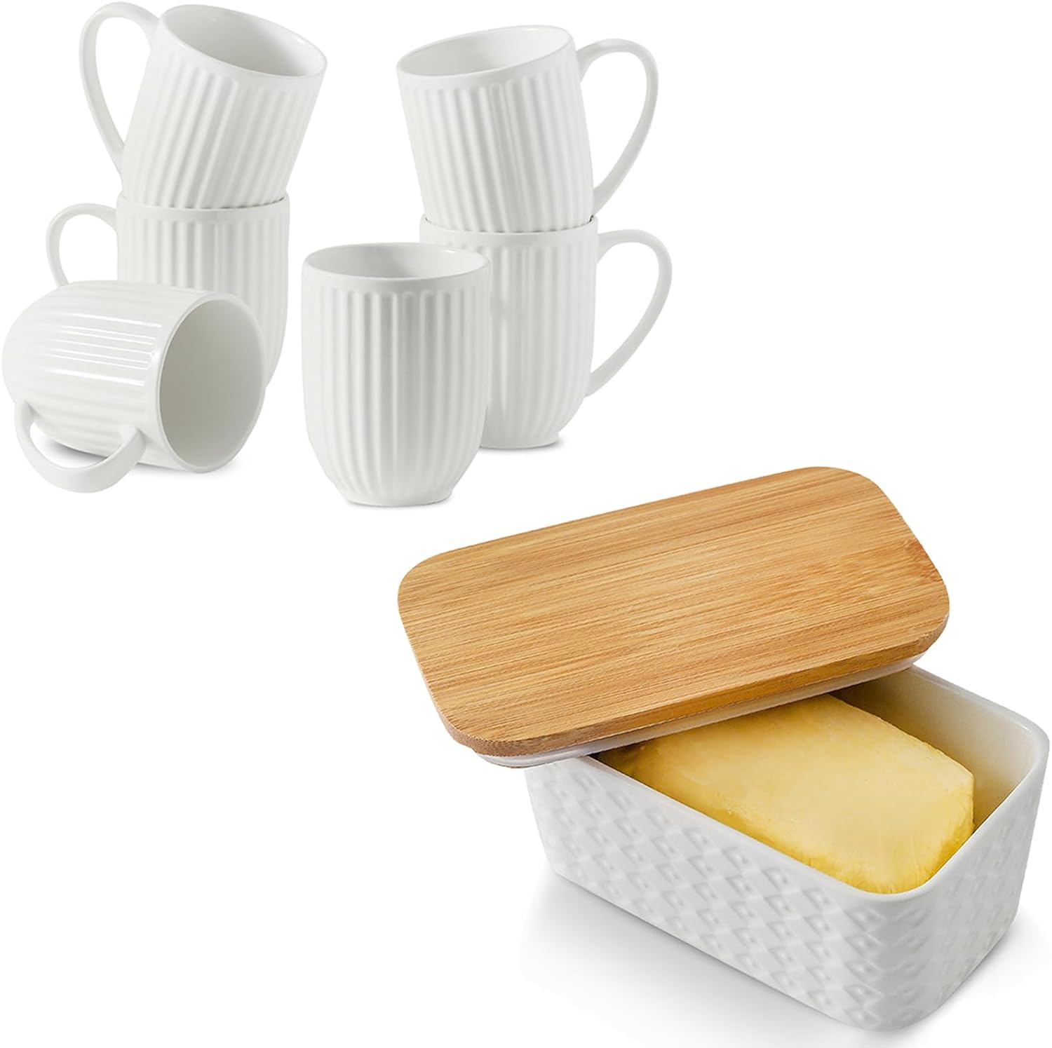 Hasense 7 Piece 16 Oz Coffee Mugs Set of 6, Butter Dish with Lid, White