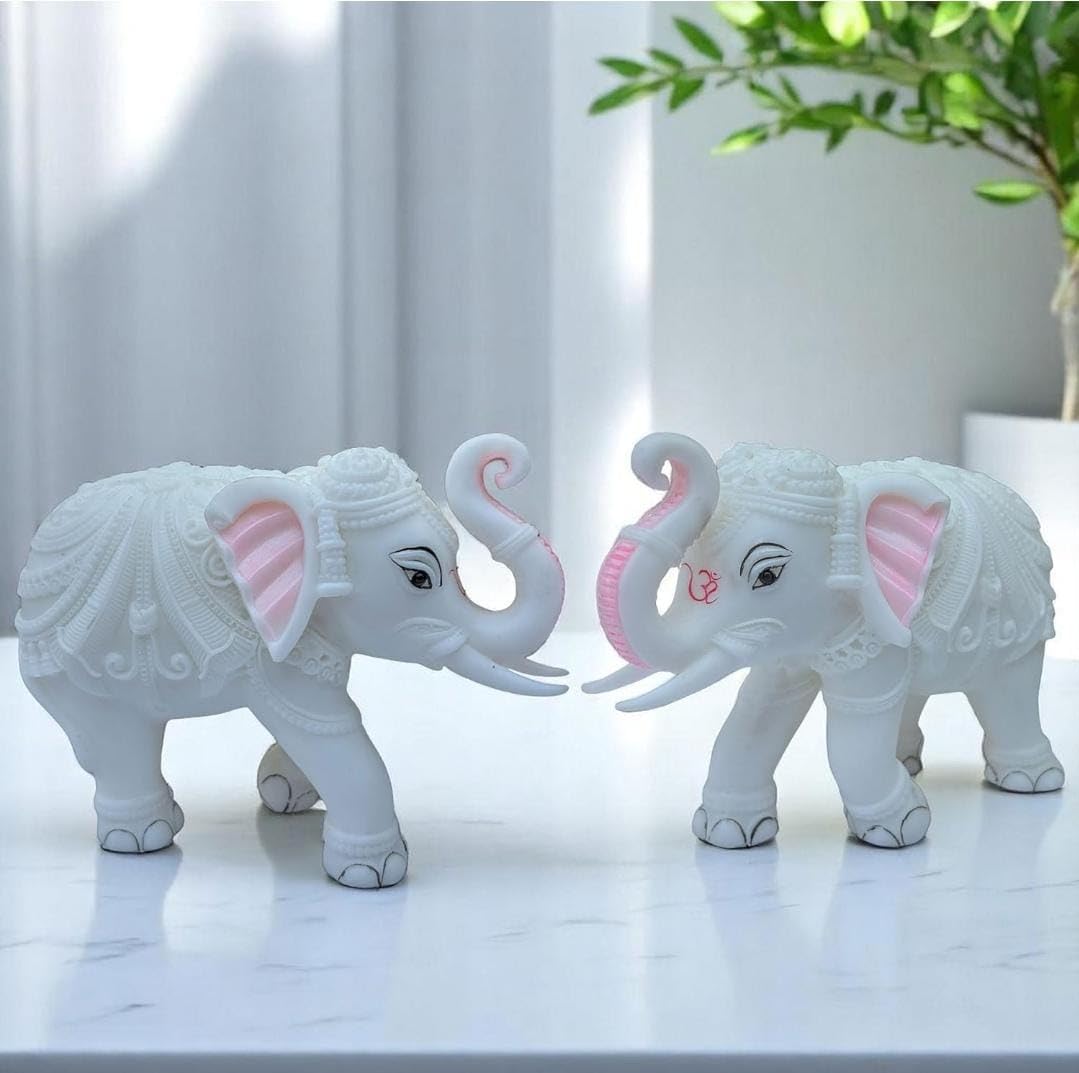 White Marble Elephant Statue Pair – Trunk Up Decorative Figurines for Home, Office, Living Room | Feng Shui & Prosperity Gift (3 * 2)-image-0