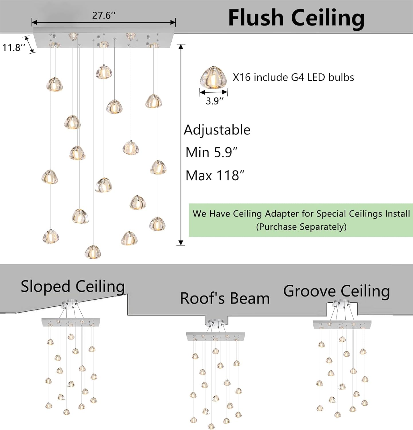 Crystal Rectangular LED Chandelier for Living Dining Room Light Dimmable High Ceiling Pendant Lights Fixtures Lighting Chandeliers for Foyer Entryway Lighting Polished Chrome