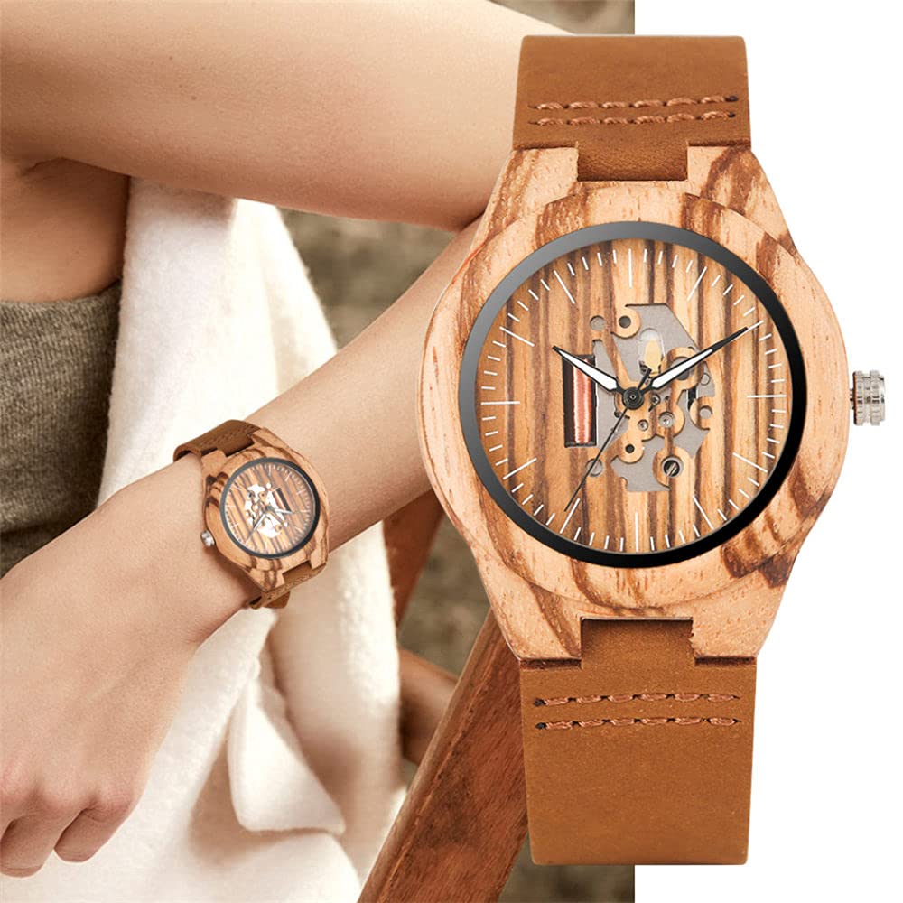 CAIDAI&YL Hot New Brown Wood Lady Orologi Design Unico quadrante in Pelle da Donna Orologio in Legno, Marrone
