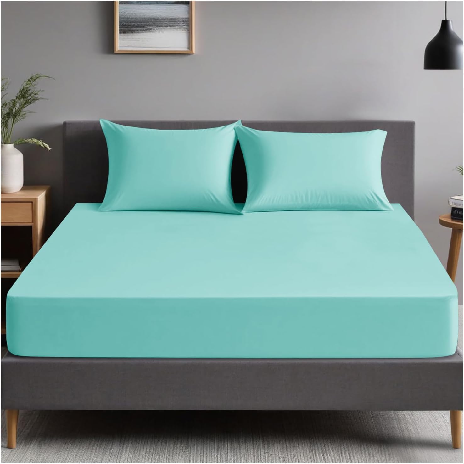Night Zone Fitted Bed Sheet 200 Thread Count 100% Egyptian Cotton Extra Deep 40CM Fitted Sheet (Aqua, King)