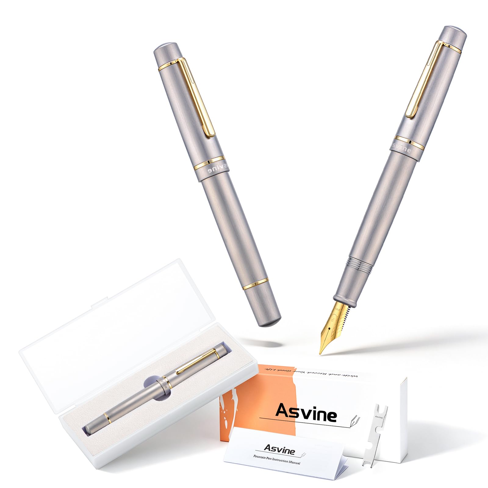 Asvine P100 gebürstet Titan Kolben Füllstift, #8 Extra Feine Nib Schreiber