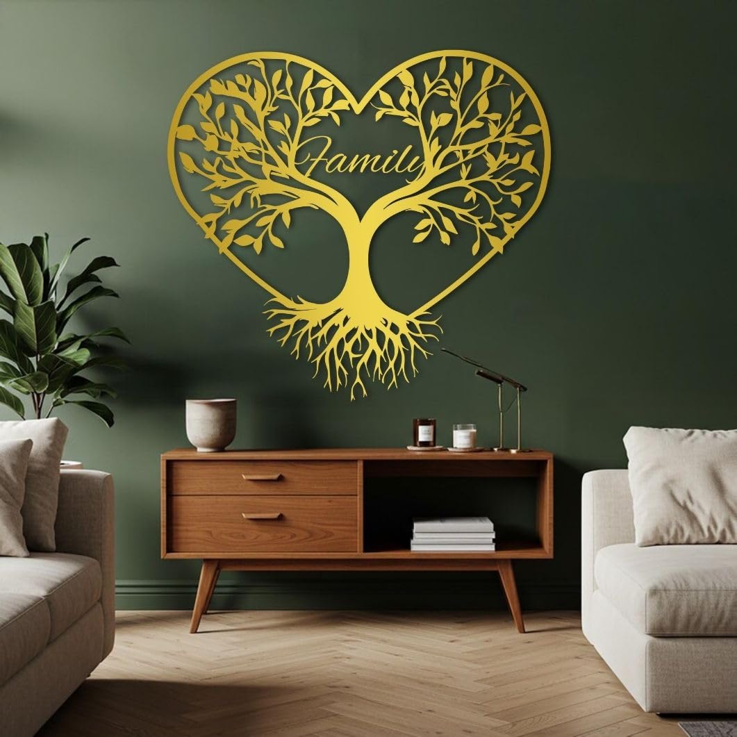 Árbol genealógico de Metal para Pared, decoración de Pared con Forma de corazón, Ideal para Sala de Estar, Dormitorio y baño (Dorado, 90 x 83 cm)