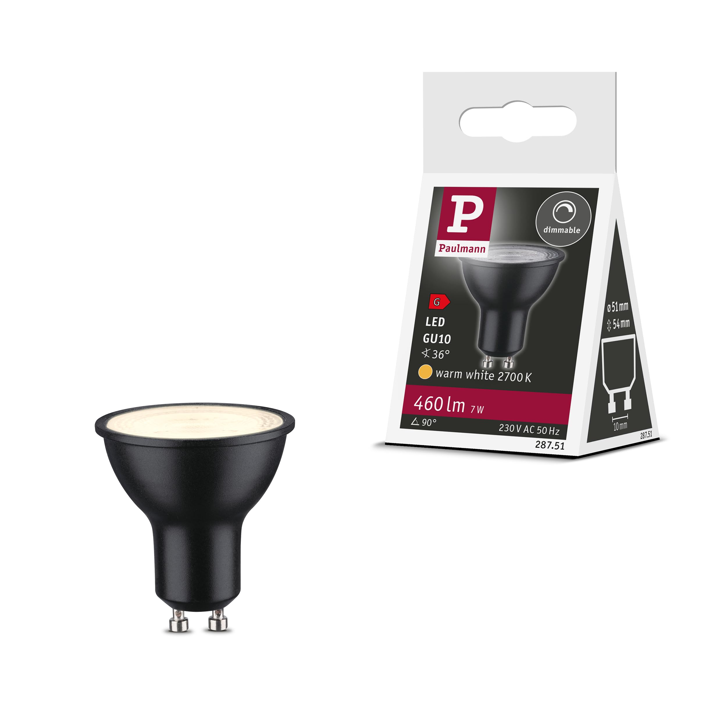 Paulmann 28751 LED lamp Reflector RAL9004 7 watts dimmable lamp Black matt efficient Light Warm White 2700 K GU10