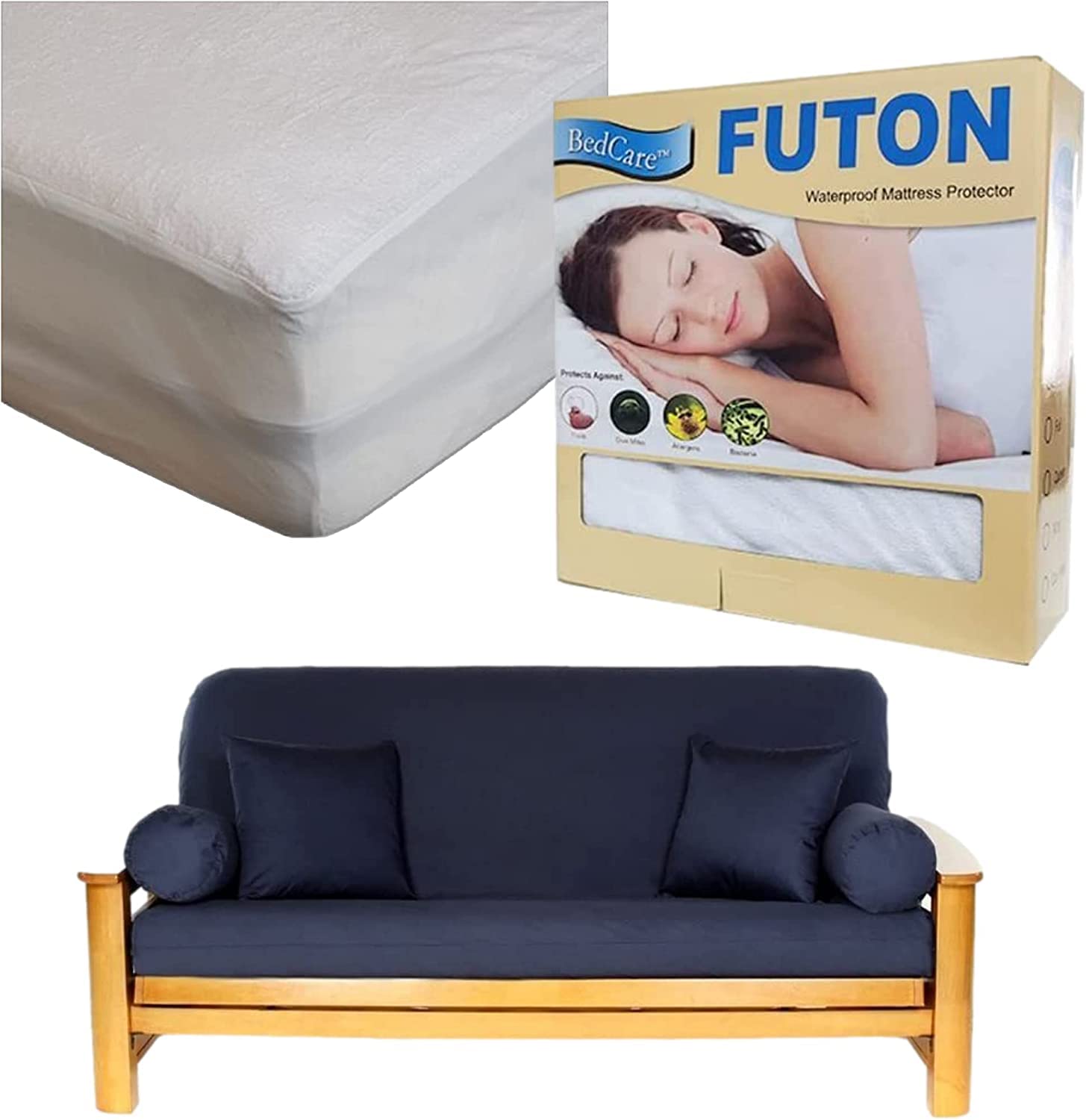 100% Cotton Navy Futon Cover (Full Size) & BedCare Waterproof Mattress Protector (Full - 54 x 75) Couch Bundle Set