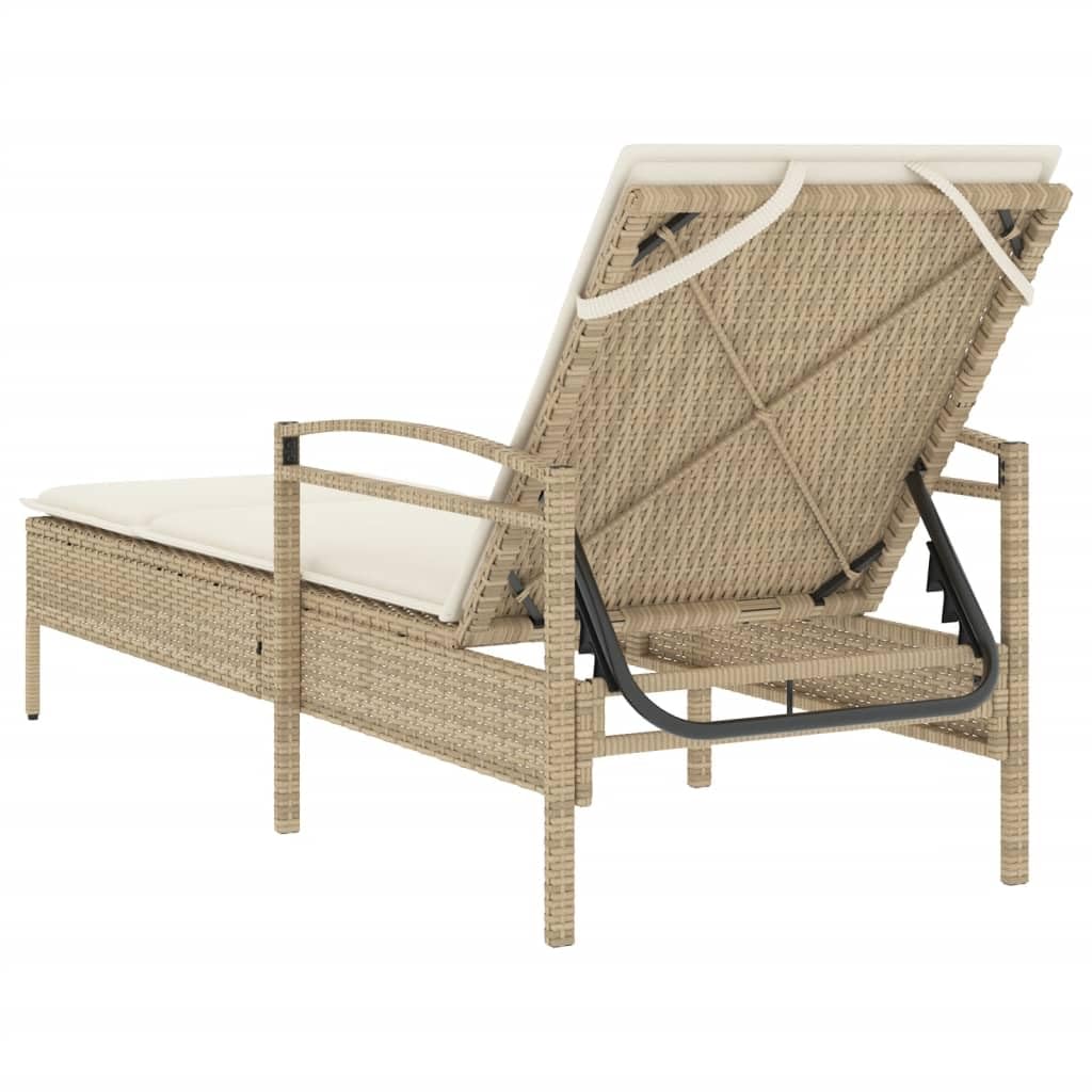 Leżanka z poduszką beżowa 63x200x81 cm polirattan ogrodowa regulowane oparcie składana ze stelażem stalowym na taras balkon ogród