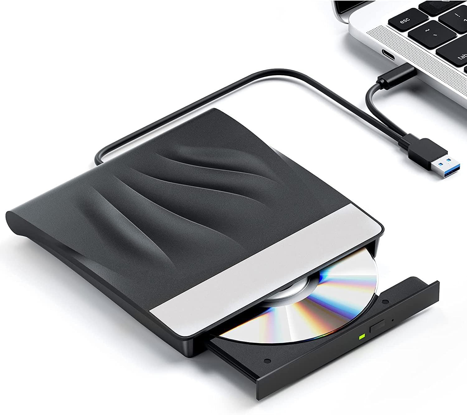 External CD/DVD Drive for Laptop with USB 3.0 and Type-C, Portable DVD Player, Optical CD DVD Burner CD ROM CD/DVD Writer Reader for Laptop Desktop PC Windows 11/10/8/7 Linux (Black)