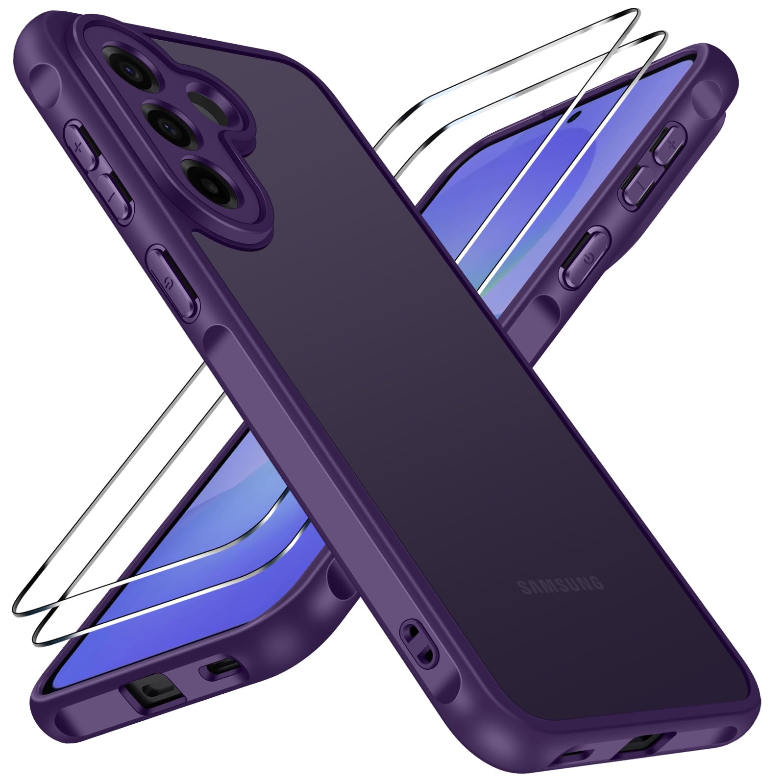 ivoler Hülle für Samsung Galaxy A57 5G mit 2 Stück Panzerglas, [Militärstandard] Stoßfest, [Kameraschutz] Handyhülle, Matt Durchscheinende Rückseite, Anti-Fingerabdruck Schutzhülle, Dunkelviolett