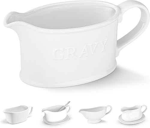 Kook Bote de salsa de cerámica, dispensador de servir, jarra de porcelana para salsas, aderezos y crema, mango grande, apto para microondas y