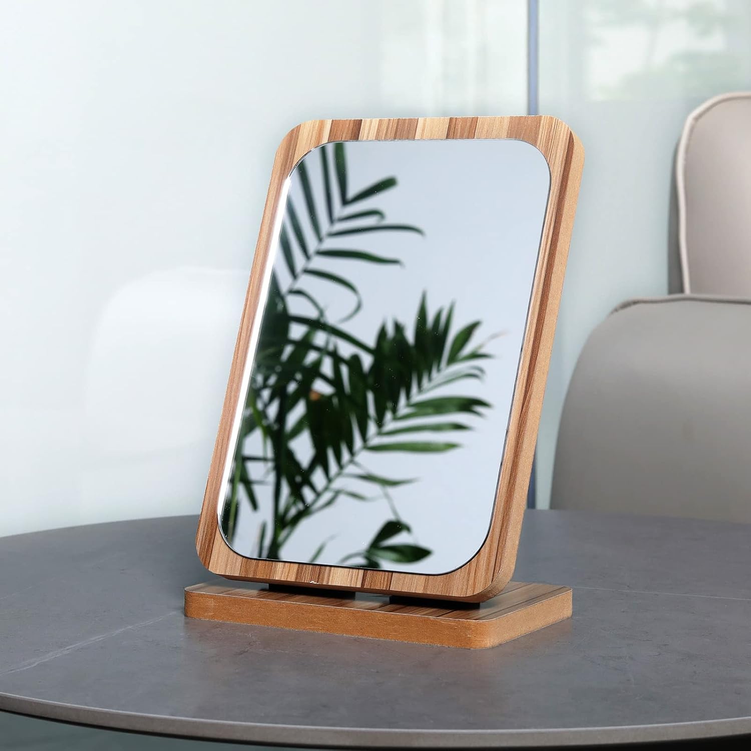 LONGSHENG - SINCE 2001 - Rectangle Table Mirror Standing Wood Framed Mirror Desktop Mirror 90 Degree Rotating Mirror for Makeup Cosmetic (Vertical Rectangle)