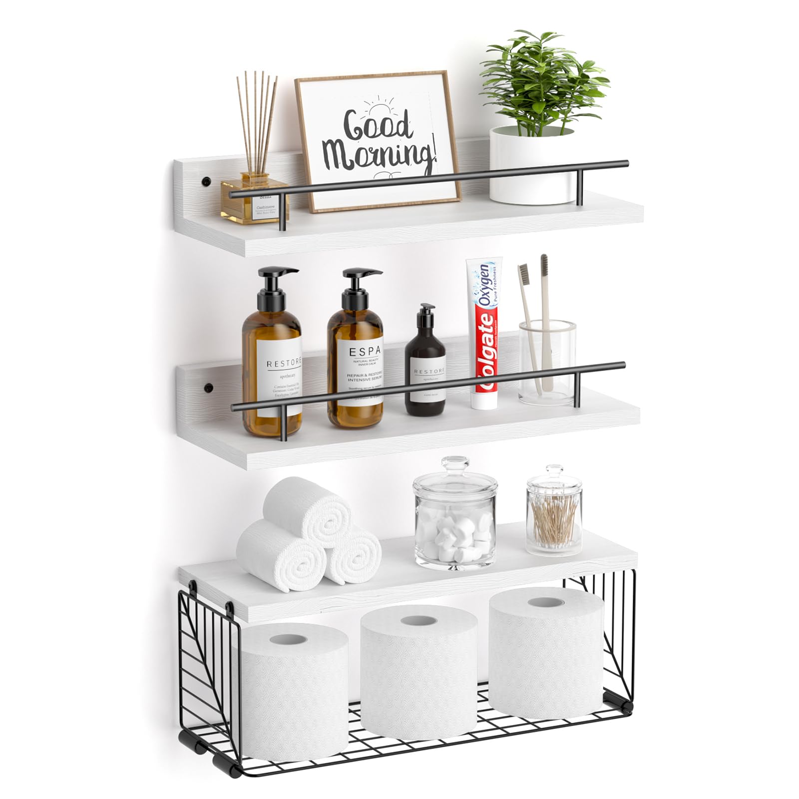 Kowsinde Bathroom Shelves with Wire Storage Basket, Floating Shelves Over Toilet with Protective Metal Guardrail, Wood Wall Mounted Floating Shelves for Bathroom, Living Room, Kitchen and Bedroom