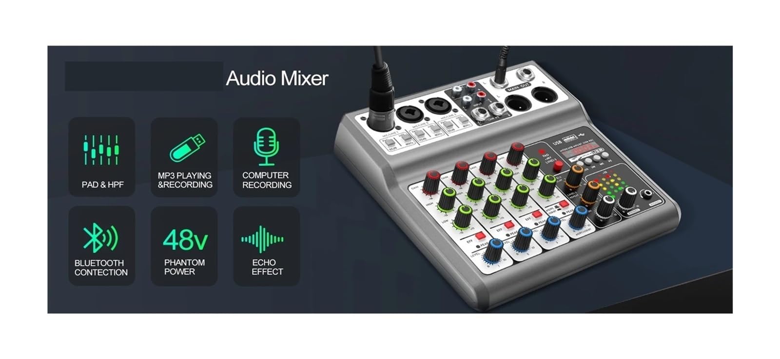 Kontroler DJ-ski, Profesjonalny Mikser, Konsola Miksująca Soundboard Z 5-kanałowym Cyfrowym Efektem Opóźnienia Echa USB Bluetooth, Wejście Stereo 48 V