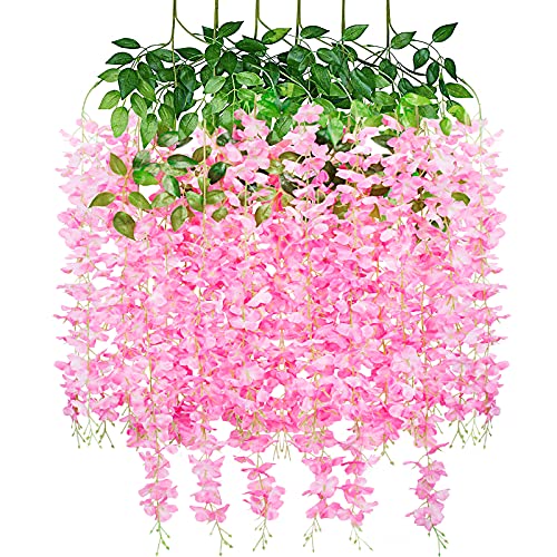Lot de 6 fleurs artificielles Wisteria en glycine à suspendre pour mariage, jardin, fête, maison, rose clair Cover