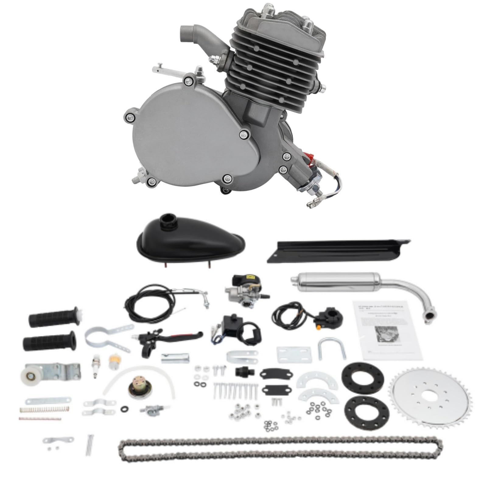 Kit de motor de gasolina de 80 cc, motor de bicicleta de 2 tiempos, hasta 40 km/h, motor de dos tiempos con depósito de 2 L y cadena de 44 Z, mini motor de gasolina, 180 kg de capacidad de
