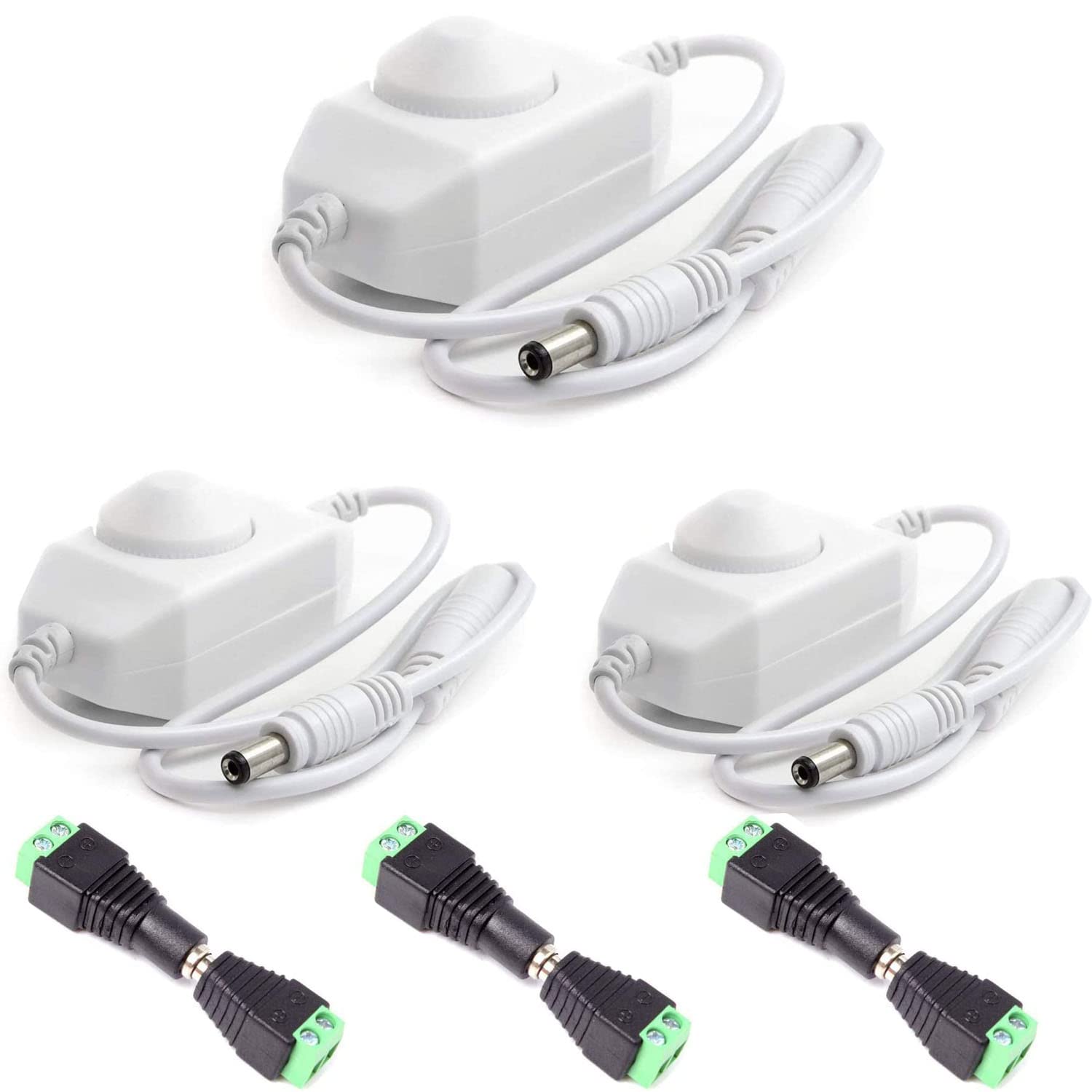 RUNCCI-YUN (DC 12V-24V 6A) LED Strip Dimmer Controller,Atenuador Rotativo en Línea Regulador Tira LED Switch Dimable Cinta LED Conector DC de 5.5x2.1mm,para Luces Iluminación LED, Blanco