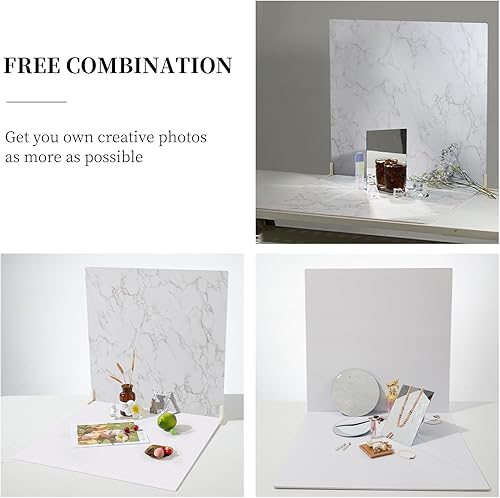 Miniatura 2 de BEIYANG Telones de fondo de fotografía de alimentos de 24 x 24 pulgadas, tableros de fondo de fotos de mármol blanco con 3 kits de soporte, tablero