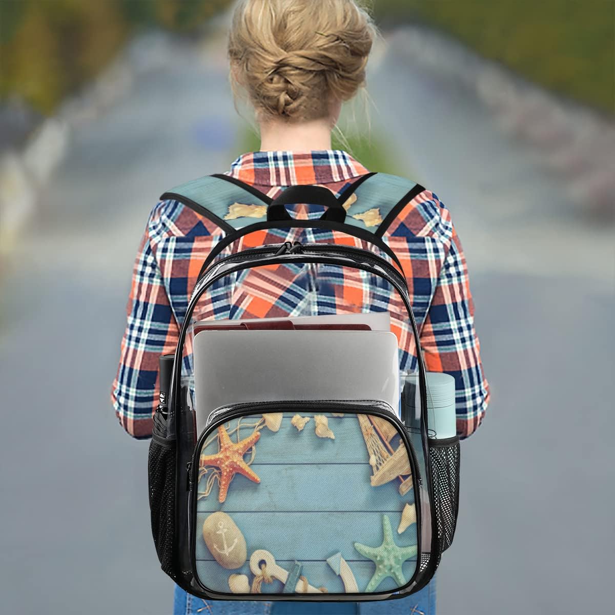 Starfish Sea Anchor Boat Clear Backpack Stadium Approved Heavy Duty PVC Transparent Backpacks Large Laptop Backpack for Work Travel Sports Events Concerts