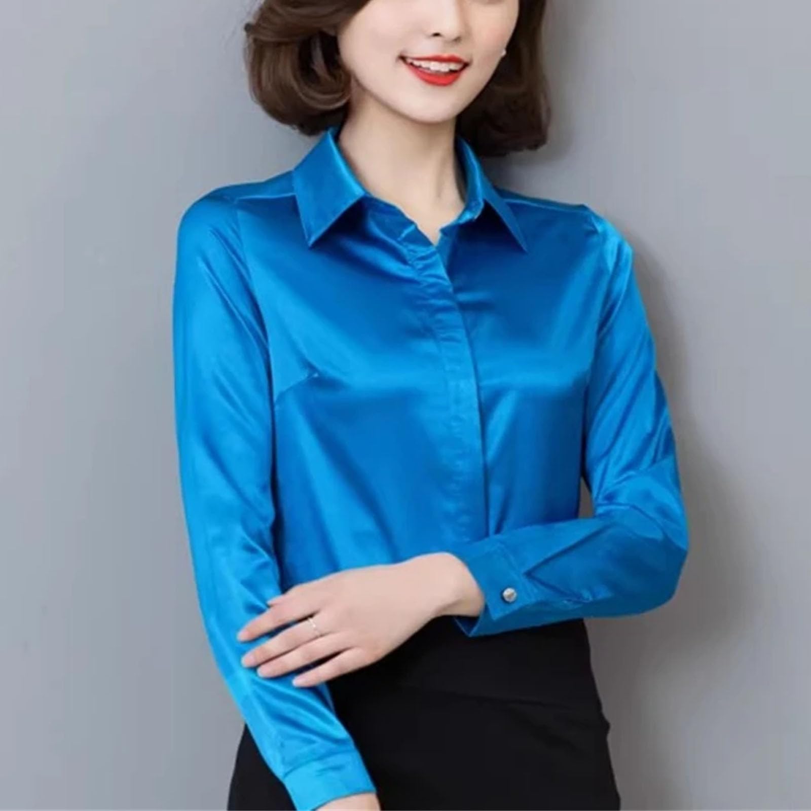Camisa de trabajo para mujer, blusa de manga larga con solapa y botones ocultos, brillante, básica, de seda satinada, para mujer