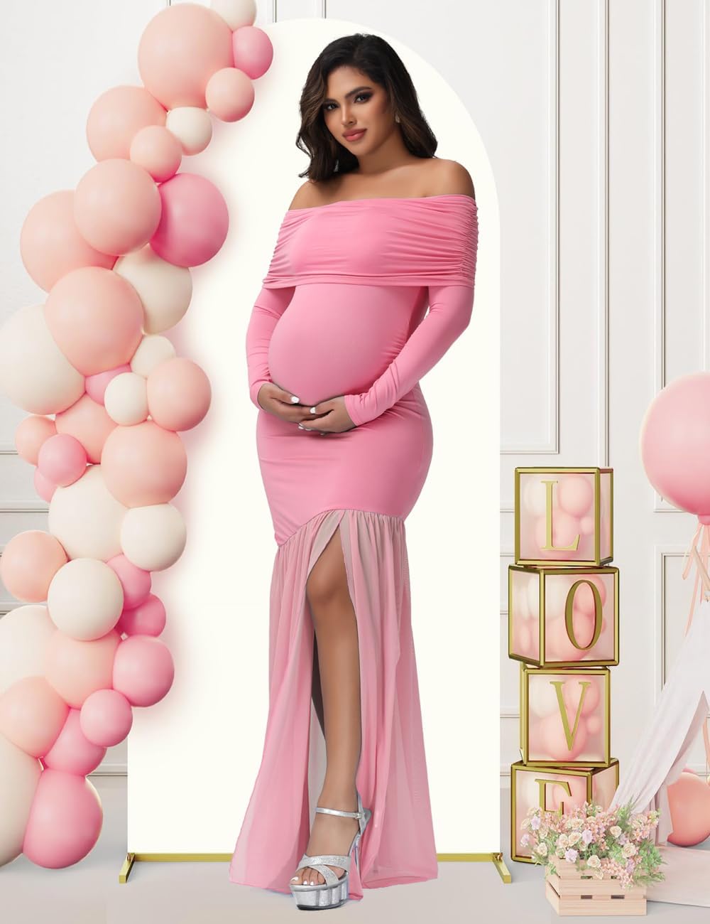 JustVH Maternity Long Sleeve Off Shoulder Baby Shower Dress Party Mesh Paneled Split Maxi Photography Gown for Photoshoot - Image 3