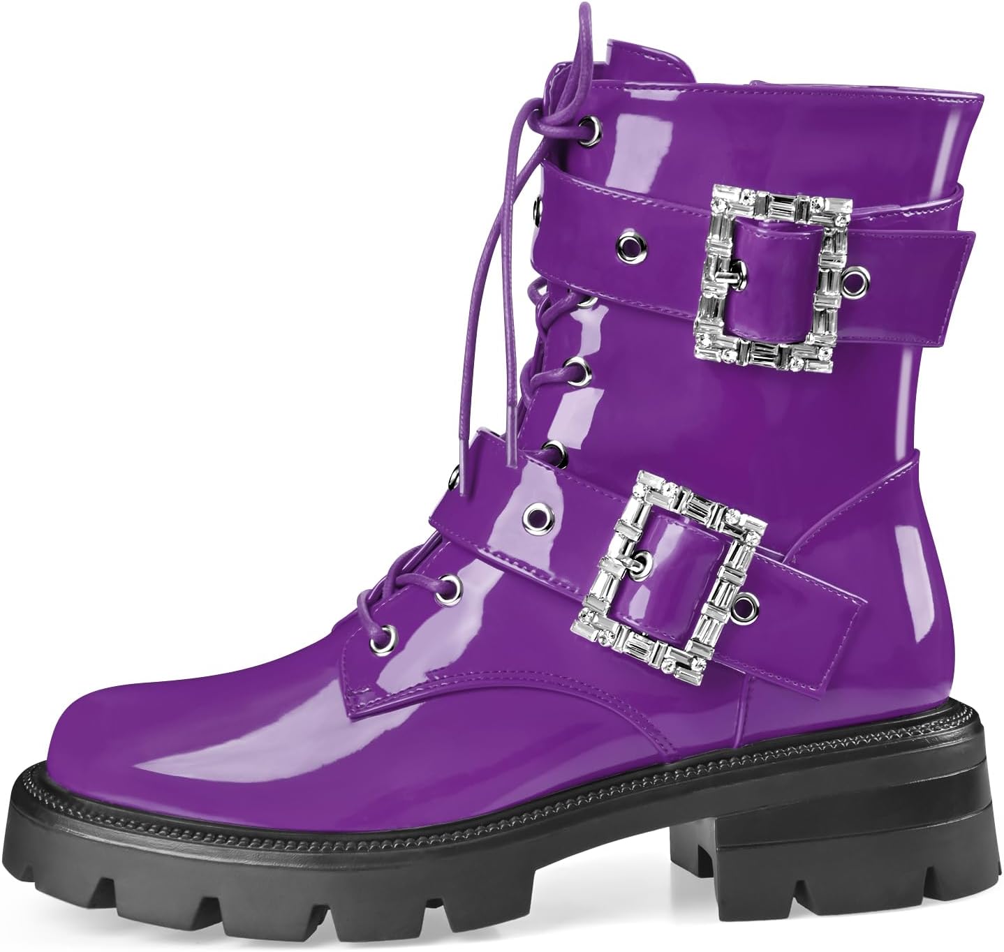 Women's Leather Platform Lug Sole Low Chunky Heel Combat Boots Lace Up Buckles Zipper Fashion Ankle Booties - Image 3