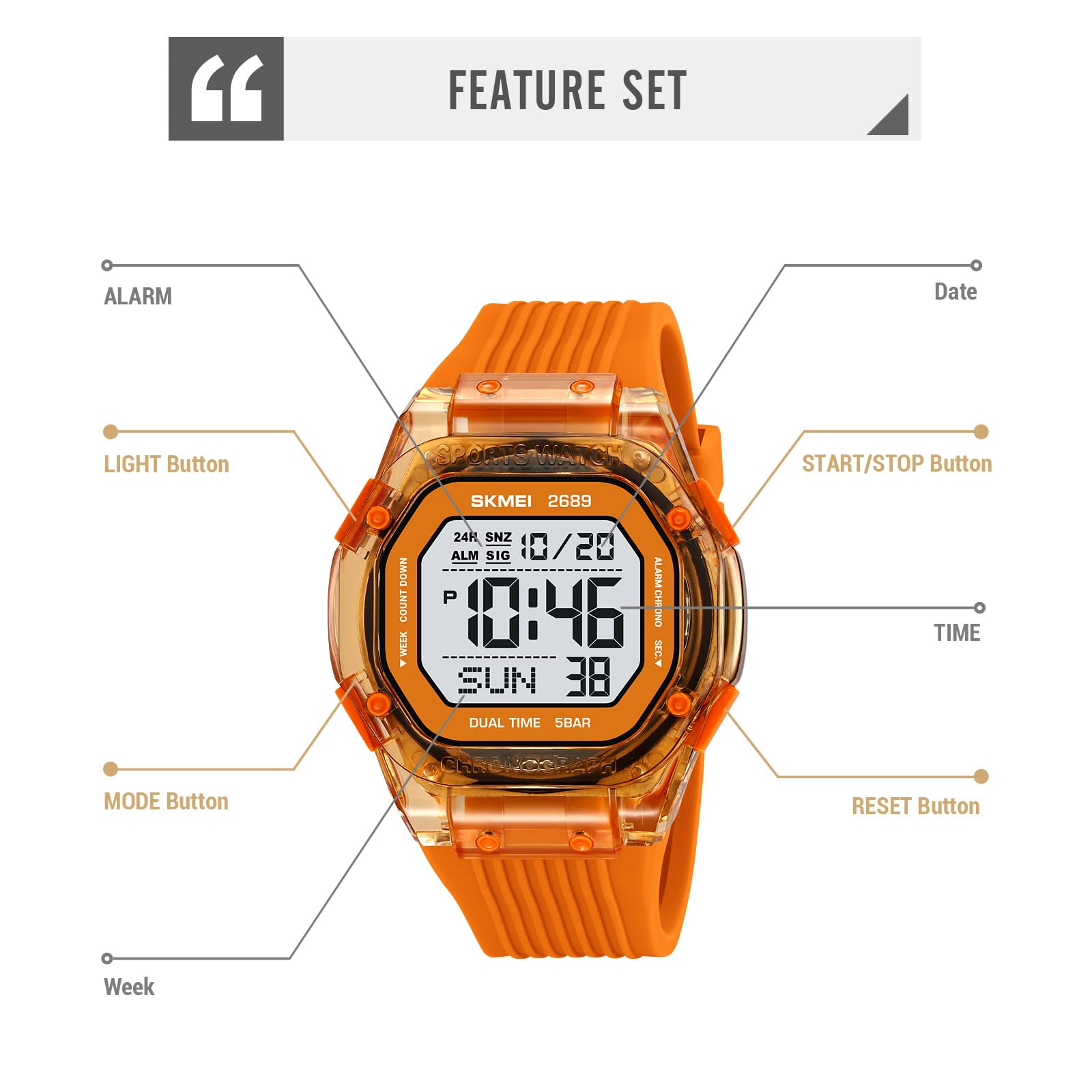 Gosasa Orologio sportivo digitale alla moda, impermeabile fino a 50 m, con cassa quadrata trasparente, leggero, per attività all'aperto, per donne e uomini, con retroilluminazione EL, doppio fuso