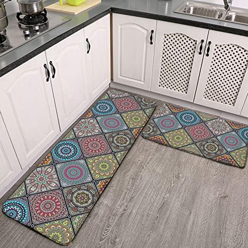 rocxemly Bohemian Kitchen Mat Set of 2 Kitchen Rug Sets 17inchx48inch+17inchx24inch Comfort Standing Mats Waterproof Stain Resistance Non Slip Kitchen Carpet
