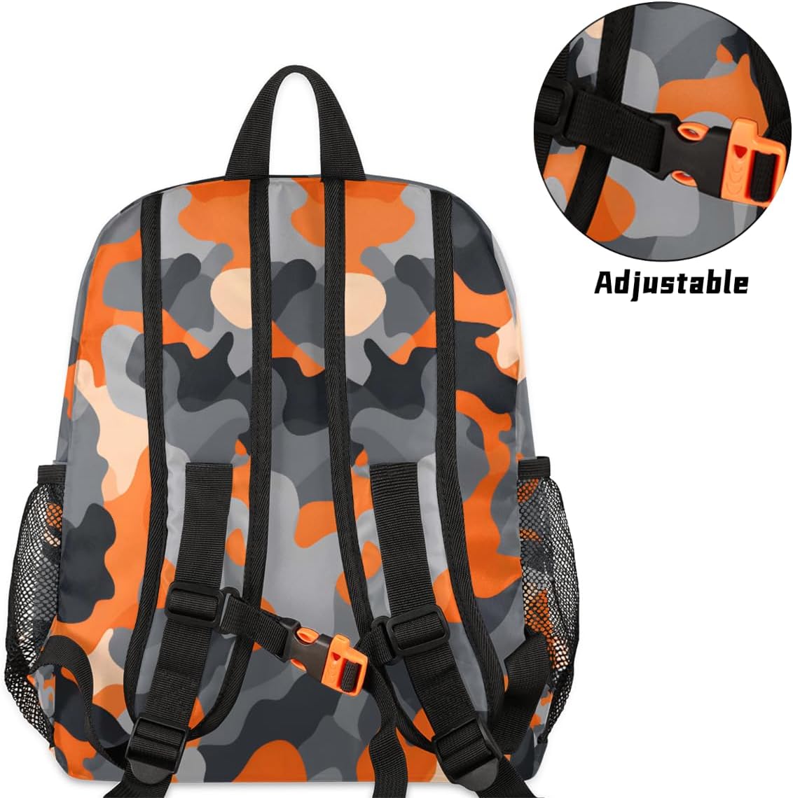 Toddler Backpack for Boys Girls, Orange Grey Black Camo Mini Kids Backpacks with Chest Strap Whistle, Preschool Kindergarten Daypack, Travel Bookbag for Children