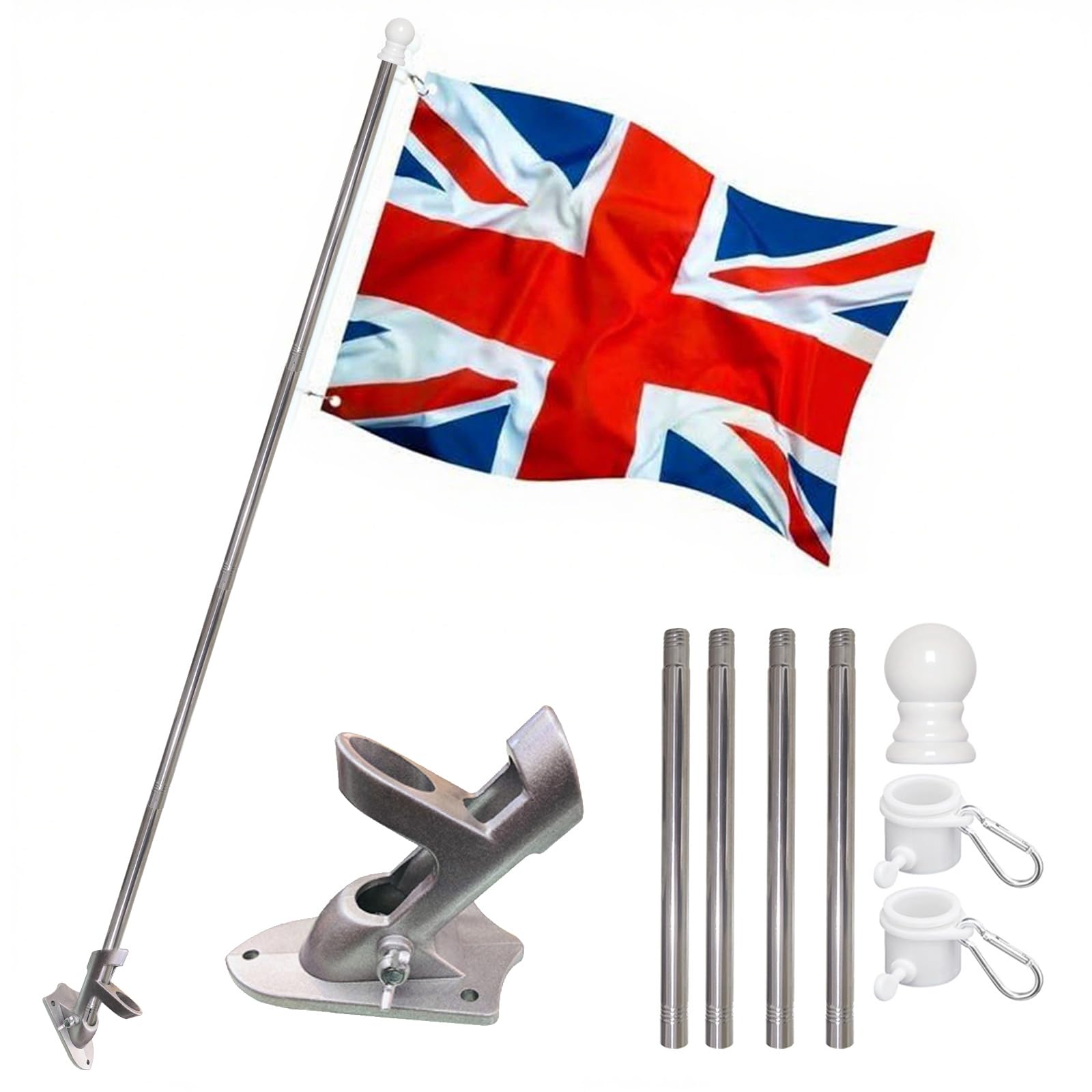 Union Jack Flags 5ft x 3ft, Large British National Flag with Metal Eyelets, Durable Polyester UK Flag for Outdoor Events, Parties & Patriotic Displays (Flags + 5FT Silver FlagPole + Mounting Bracket)