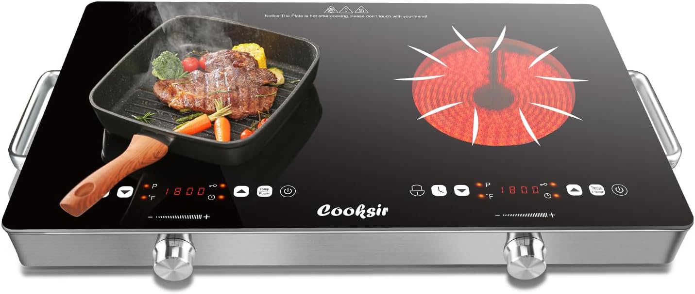 Two Electric Hob Portable, Double Ceramic Hob 3200W, Plug in Hob Free-Standing with Handles, 2 Ring Electric Hob Knobs and Touch Control, Timer, Safety Lock, 220V