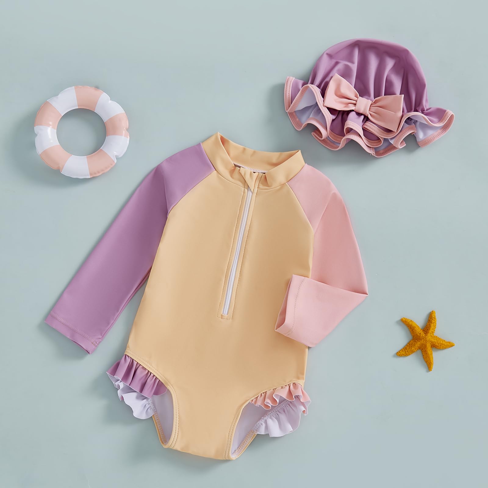 Yccutest Newborn Baby Girl Long Sleeve Swimsuit Toddler Girl Color Block Sun Protection Bathing Suit Infant Girl Swimwear (Yellow,18 Months)