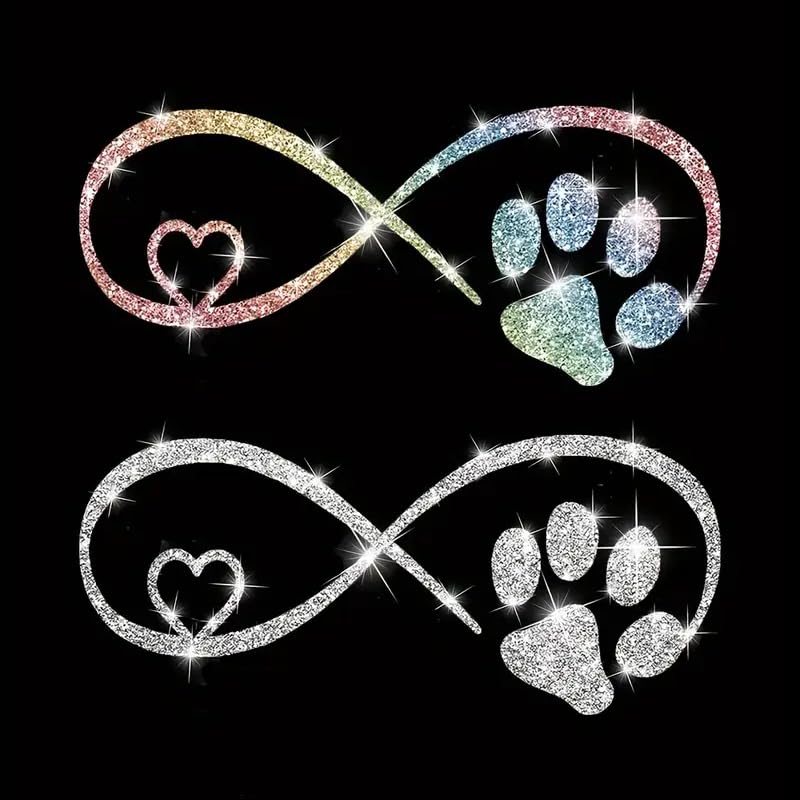 2PCS Sparkling Dog Paw Love Shape Bow Self-Adhesive PVC Rainbow Glittery Decal Sticker for Cars, Laptops, Trucks, Motorcycles Wall Window Luggage Scratch Cover Door Multi-Surface Decor Sticker