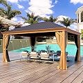 YOLENY 12' x 16' Hardtop Gazebo, Wood Looking Gazebo with Aluminum Frame and Single Galvanized Steel Roof, Outdoor Permanent Metal Pavilion with Curtains and Nettings for Deck, Backyard and Patio