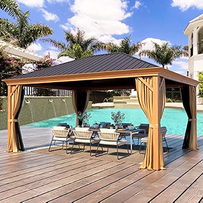 YOLENY 12' x 16' Hardtop Gazebo, Wood Looking Gazebo with Aluminum Frame and Single Galvanized Steel Roof, Outdoor Permanent Metal Pavilion with Curtains and Nettings for Deck, Backyard and Patio