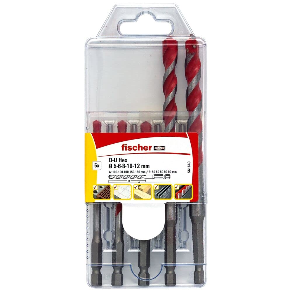 561649 D-U Hex Universal Drill Bit Set, 5 Pieces, 5mm-12mm, for Brick/Wood/Tiles/Plastics/Steel/Concrete, Red/Silver