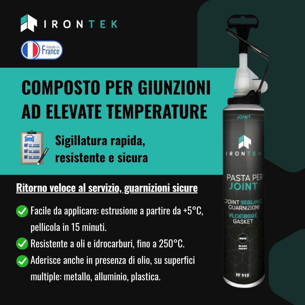 IRONTEK Pasta Sigillante Motore Nera 200ml IT112 | -50°C +250°C | Resistente a Olio e Carburanti | Carter Pompa Testata | Elastomerica