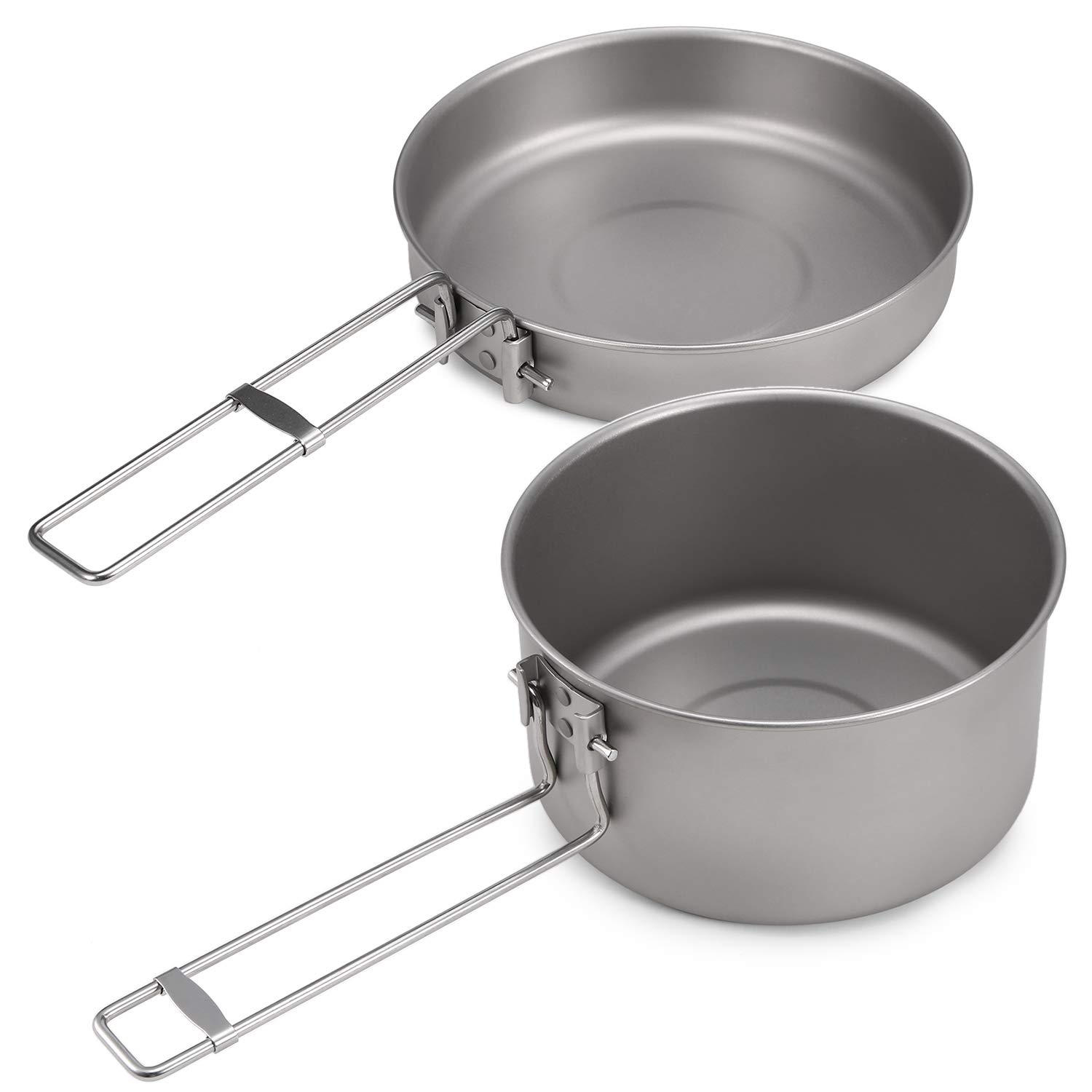 Camping-Kochgeschirr-Set, Topf- und Bratpfannen-Set aus Titan mit Deckel und Klappbaren Griffen für Outdoor-Camping, Wandern, Rucksackreisen, Picknick, Metallisch oder Blättert Gesund, Lang