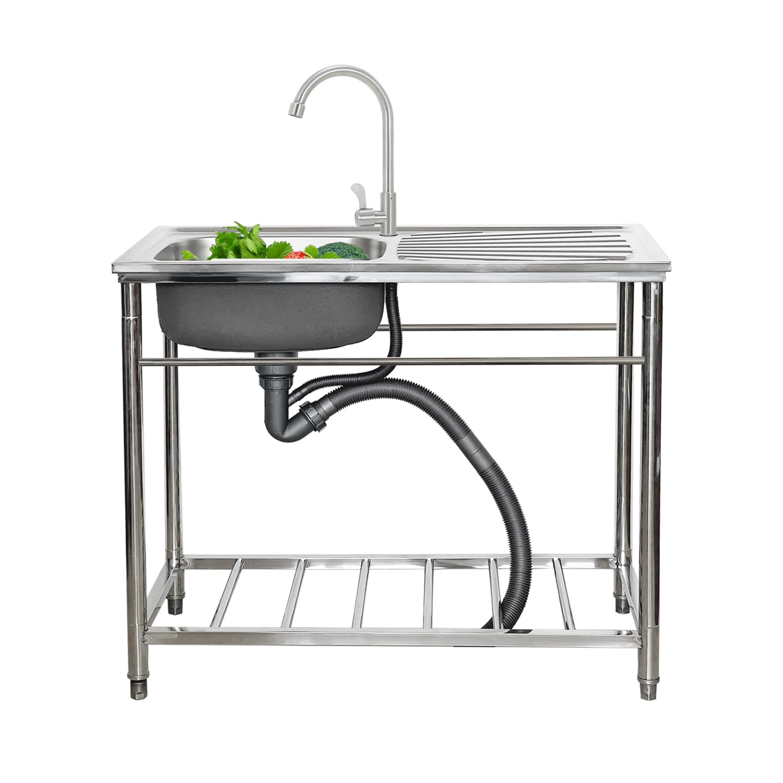 CZYWKDDPP 304 Stainless Steel Utility, Outdoor Station w/Faucet, Kitchen with Drainboard, 1 Compartment Commercial for Laundry, Garage, or Indoor