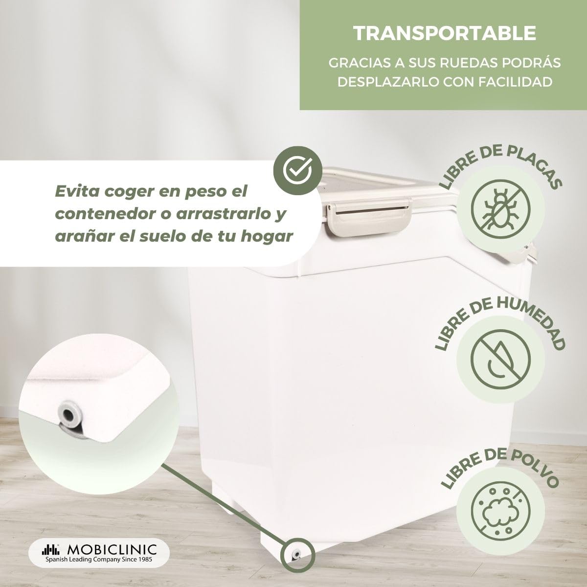 Mobiclinic®, Contenedor Pienso, Pala y Vaso Medidor, Capacidad 20 L/8 Kg, para Mascotas, Cierre Hermético, 23x25,5x36,5cm, con Ruedas, Ventana Transparente, Preservación de Frescor, Feedpet