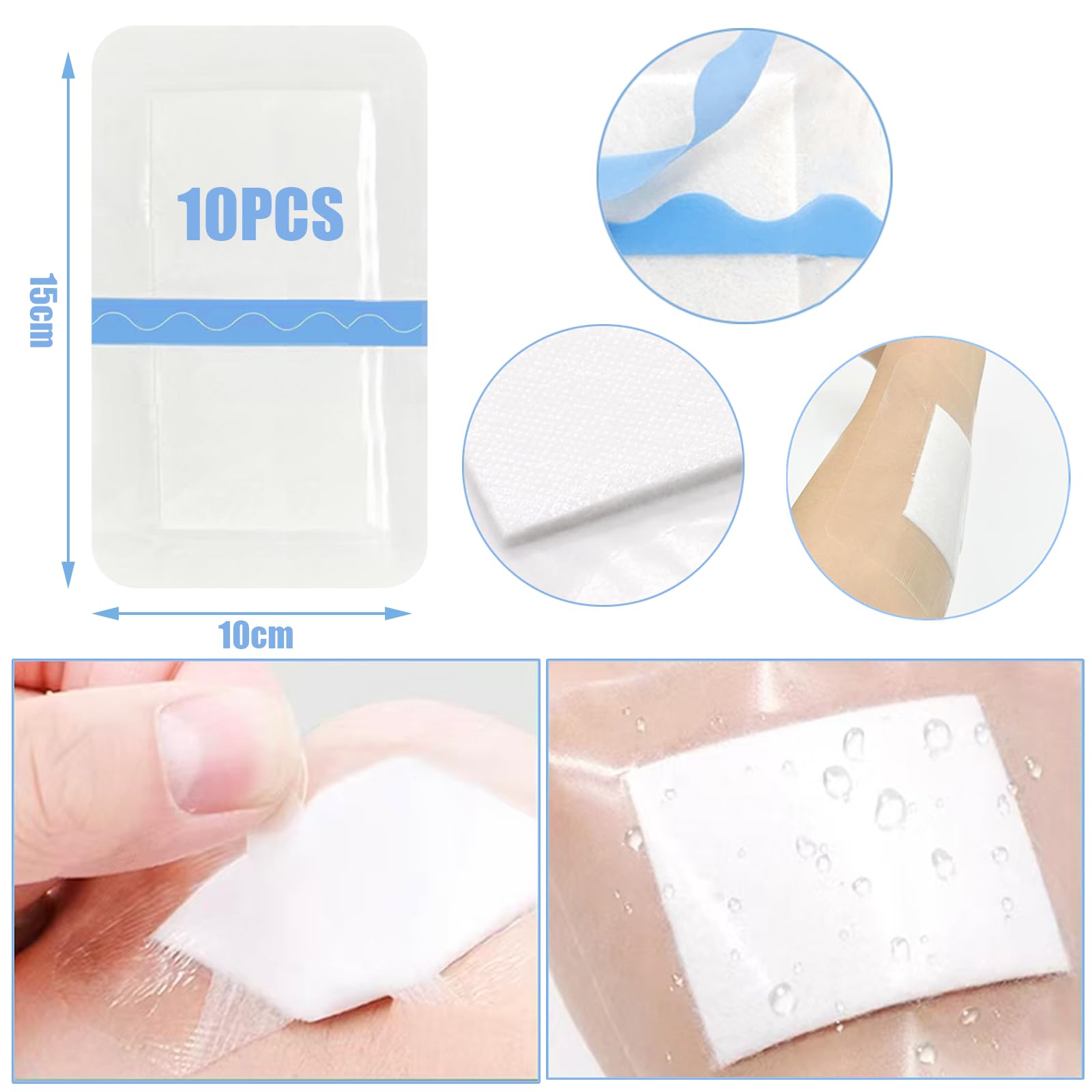Lot de 10 patchs imperméables avec coussinets de gaze absorbants, pansements pour plaies, protection post-chirurgicale