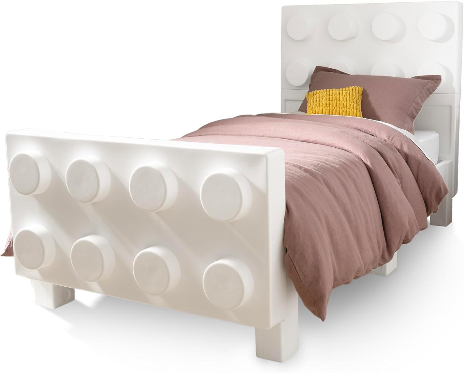 Step2 Contemporary Builders Twin Bed Kids Twin Bed Frame, Modern Block Design, Durable, Easy to Assemble Steel Slats, No Box Spring Needed, White