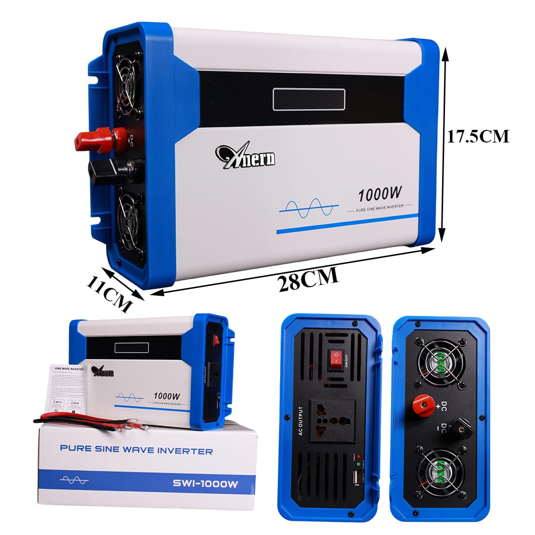 Anern Convertisseur 1000W DC 12V vers AC 220V Onduleur de Voiture Onde Sinusoïdale Pure avec écran LED et Port USB 5V, Convertisseur de Tension pour la Charge, Le Voyage et Le Camping