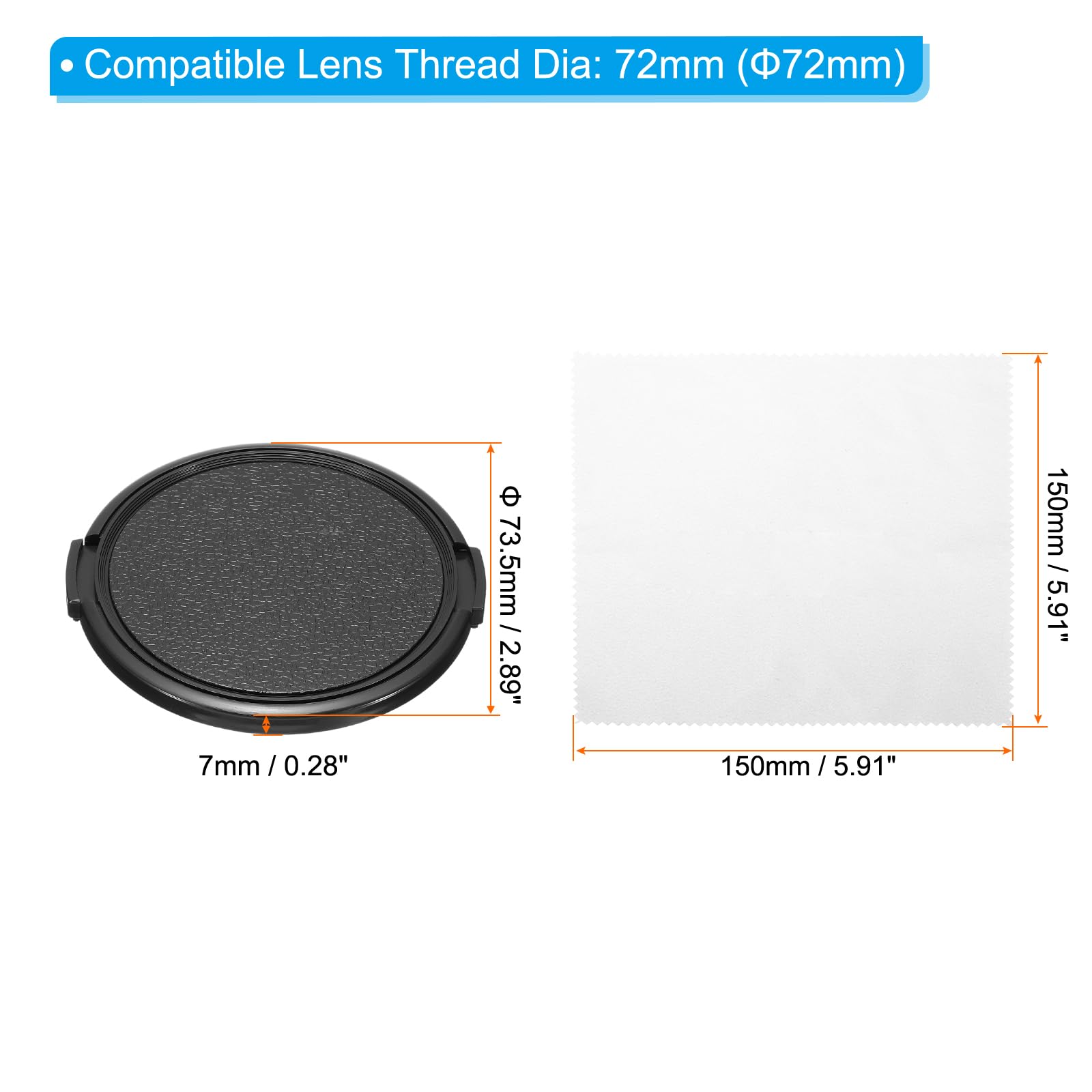 PATIKIL 72mm Lens Cap, 5 Pack Sides Pinch Snap Camera Lens Cover for Front Lens with Cleaning Cloth, Suitable for 72mm Thread Universal DSLR Lenses, Black