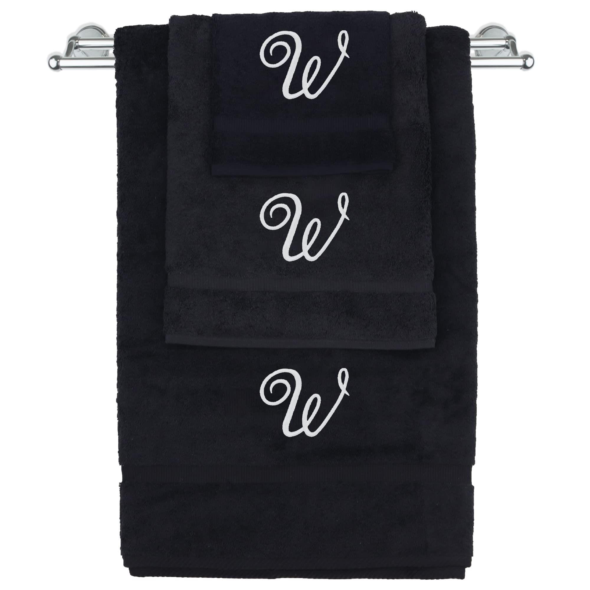 Juego de toallas con monograma, regalo personalizado, juego de 3 toallas bordadas con letras blancas, extra absorbentes, 100% algodón turco, acabado de rizo suave, inicial, color negro