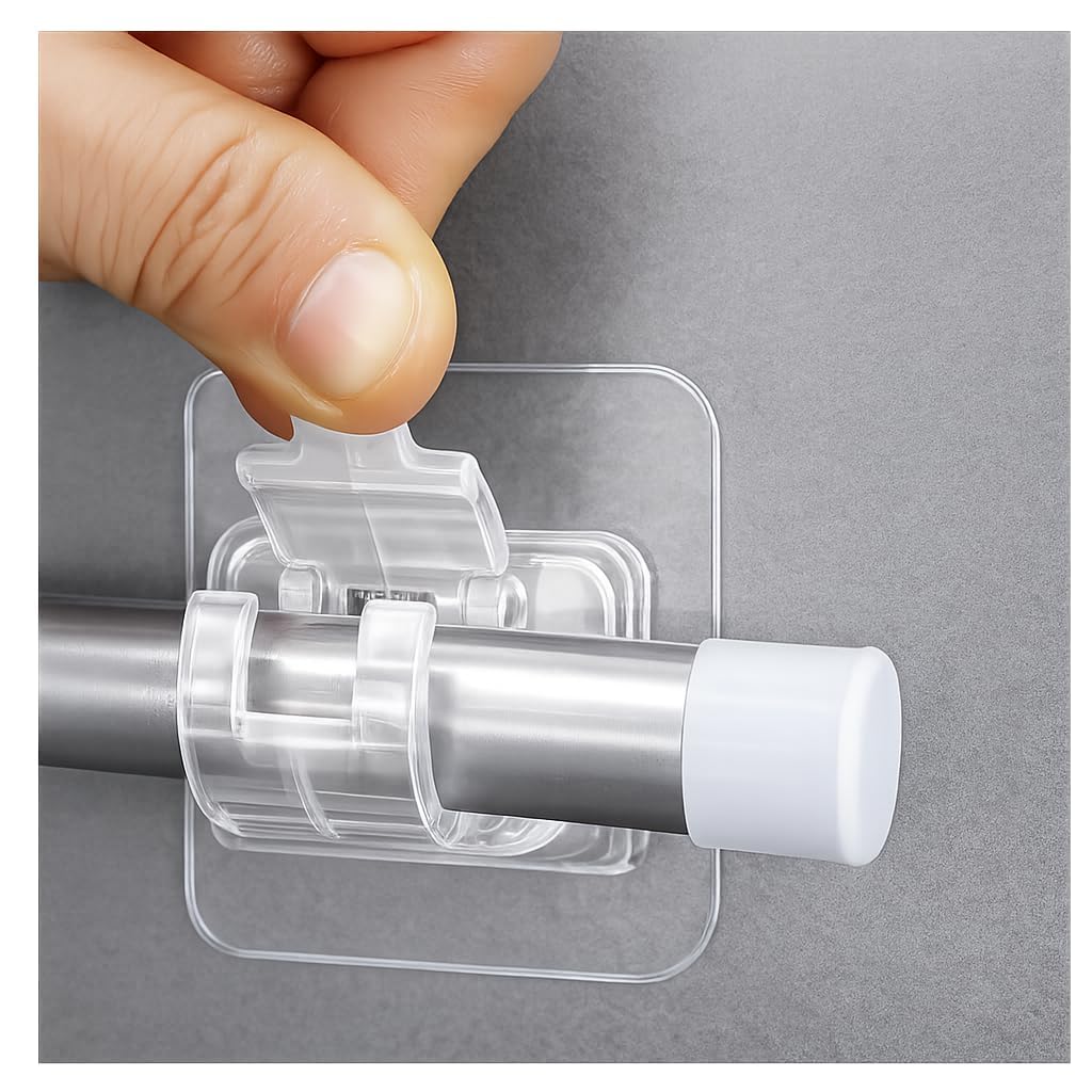 2 Pack Hook Pipe Holder Self Adhesive Curtain Rod Holder No Drill Curtain Rod Brackets Transparent Nail Free Adjustable Hooks for Bathroom Kitchen Home-image-13