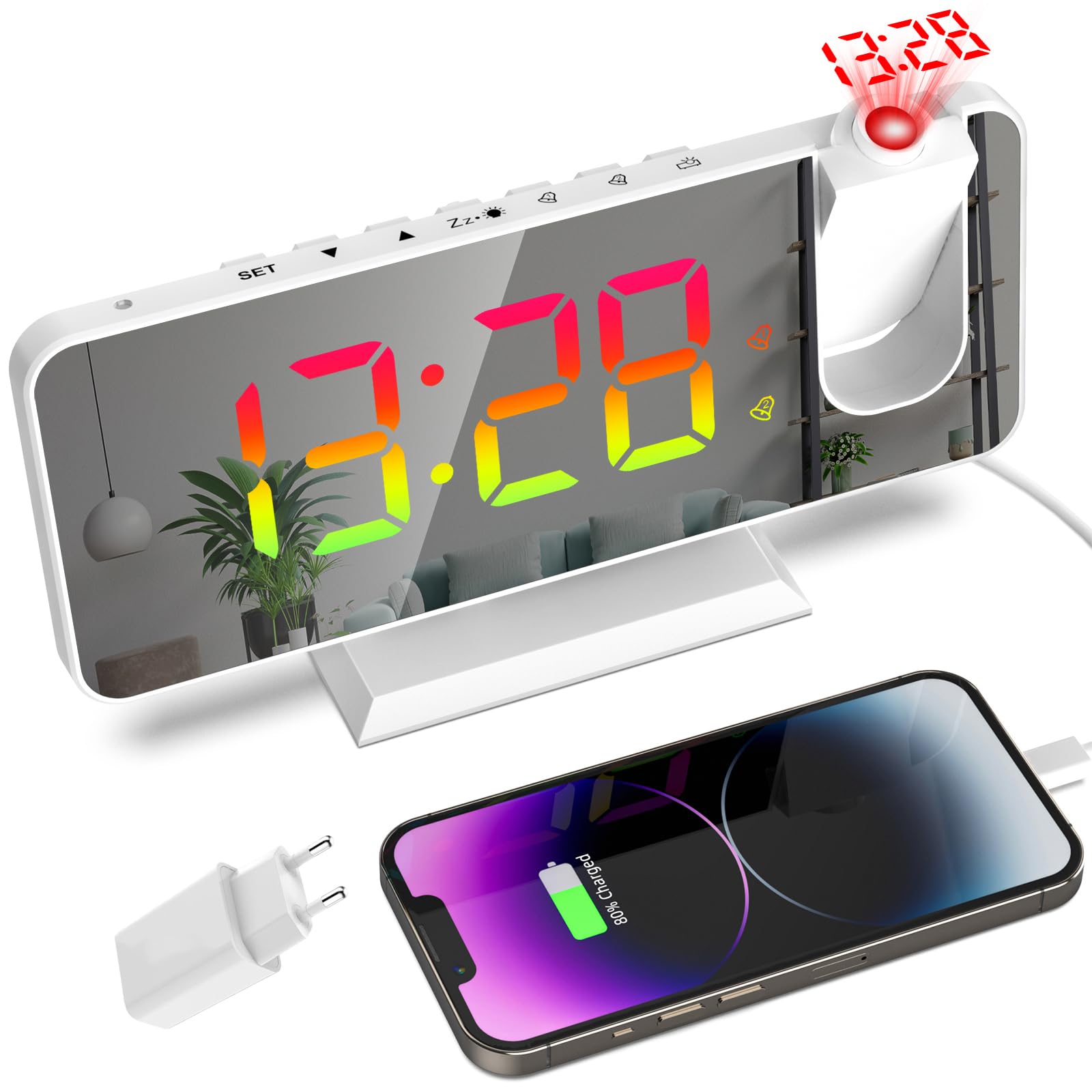 Sveglia RGB con Proiezione Display a 11 Colori 6 Livelli di Luminosità Modalità Snooze 12/24H Cavo USB e Spina Inclusi