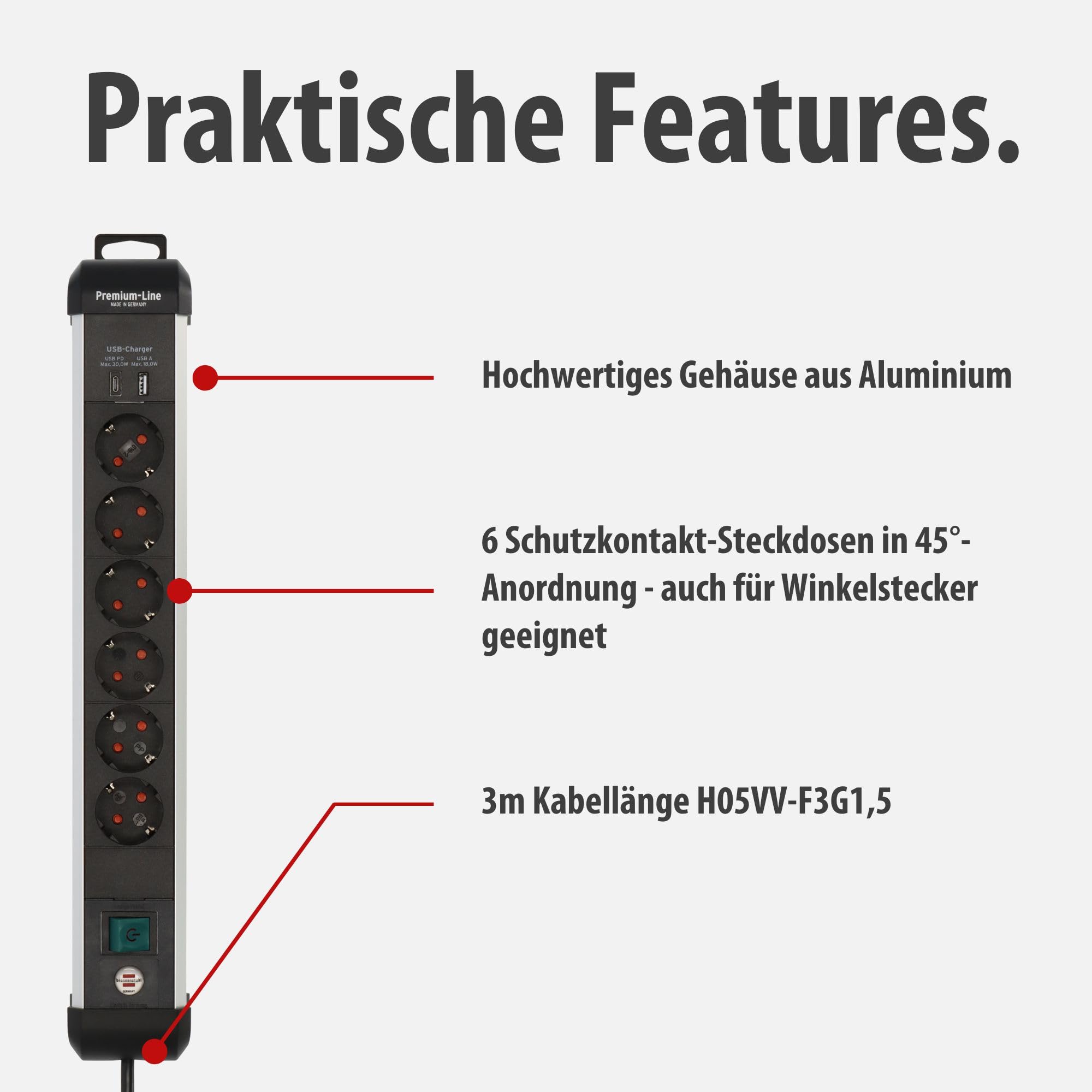Brennenstuhl Premium-Alu-Line Steckdosenleiste 6-Fach mit USB C, 3m | Mit USB C PD 30W und USB A 18W aus Aluminium, Made in Germany, Mehrfachsteckdose mit Schalter, Steckerleiste zur Wandmontage