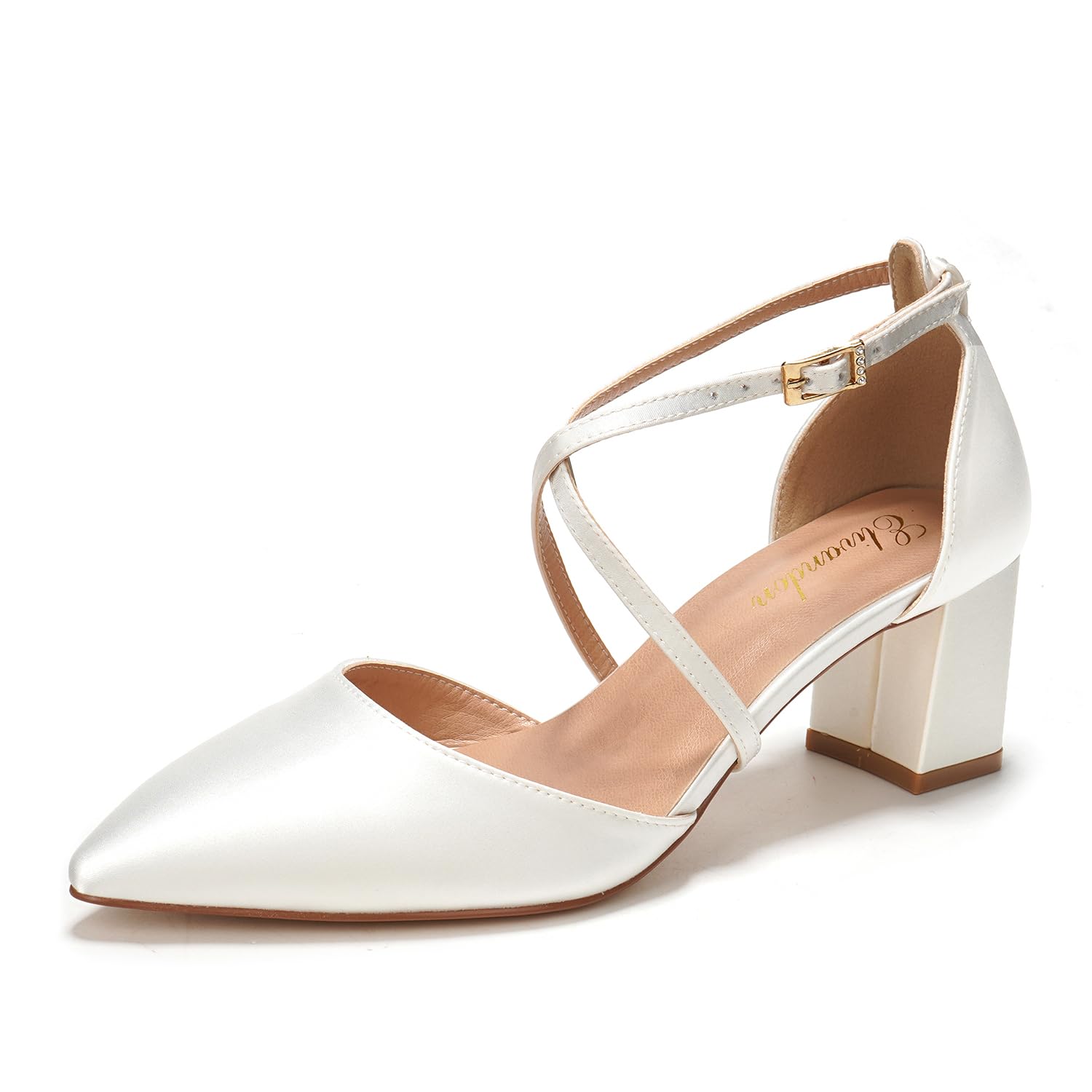 Elivandon J1586 Mujer Satén Punta Puntiaguda Tacón Medio 6cm Sandalias Noche Tacón Ancho Nupcial Boda Zapatos Tira Larga